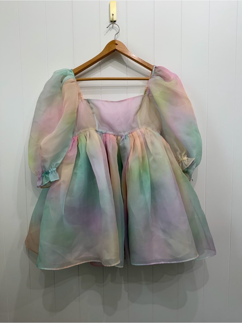 Selkie The Rainbow Babydoll Puff Mini Dress Pastel Watercolor Womens Size Medium